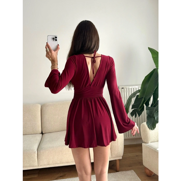 V Dekolte Şortlu Elbise - BORDO