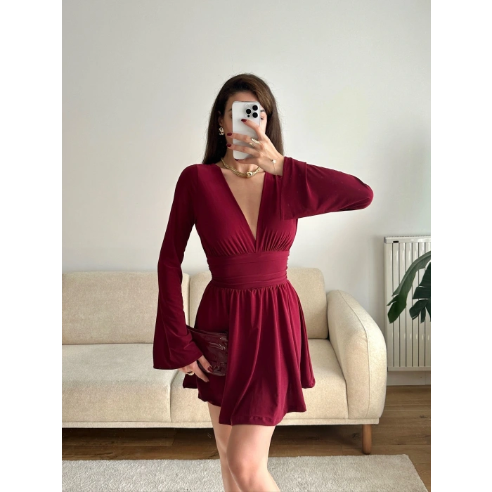 V Dekolte Şortlu Elbise - BORDO