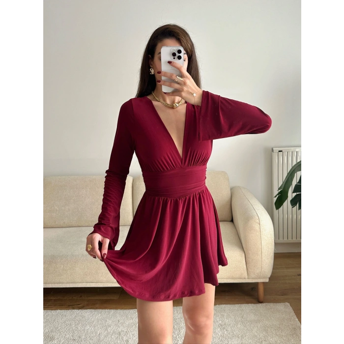 V Dekolte Şortlu Elbise - BORDO