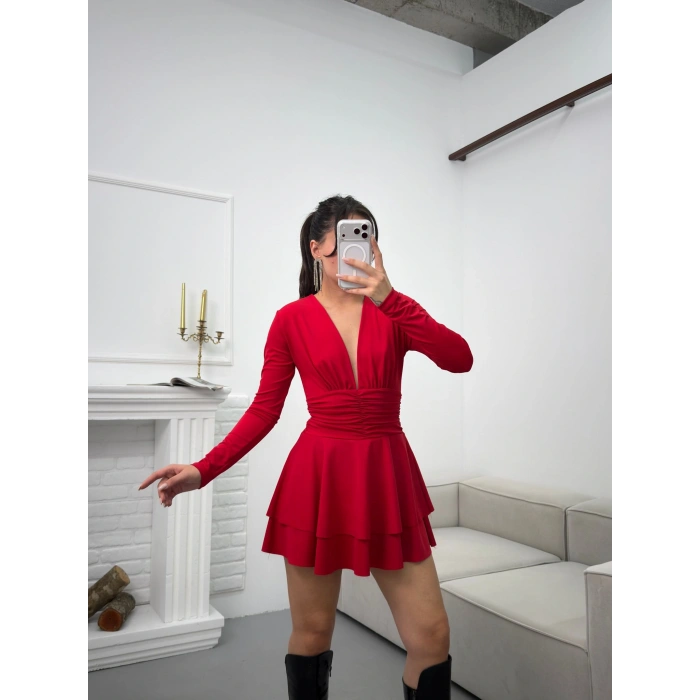 V Dekolte Şortlu Elbise - KIRMIZI