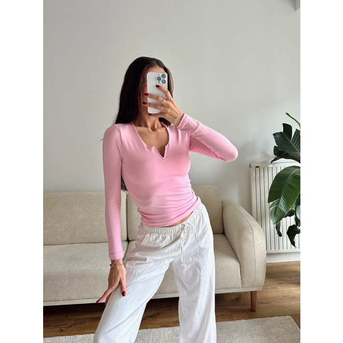 V Detay Sandy Bluz - PEMBE