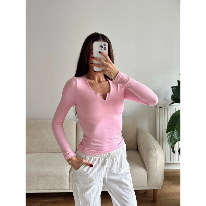 V Detay Sandy Bluz - PEMBE