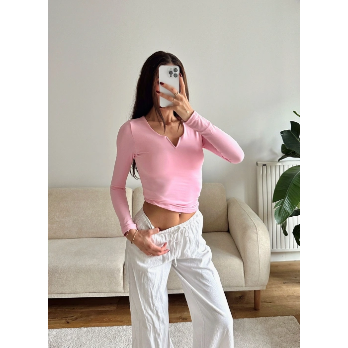 V Detay Sandy Bluz - PEMBE