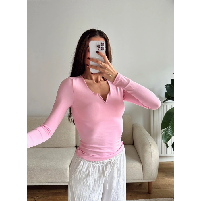 V Detay Sandy Bluz - PEMBE