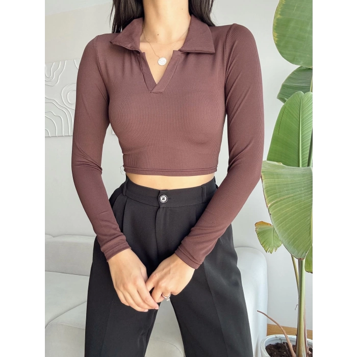 V Polo Yaka Fitilli Crop - KAHVE