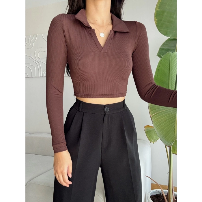 V Polo Yaka Fitilli Crop - KAHVE