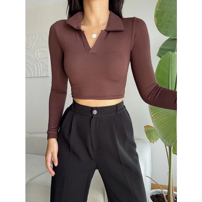 V Polo Yaka Fitilli Crop - KAHVE