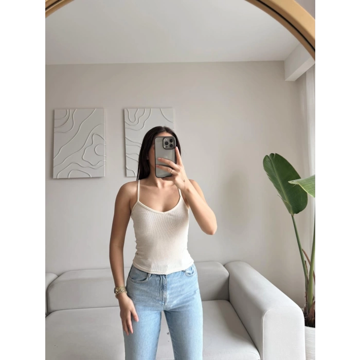 V Yaka Askılı Crop - BEJ