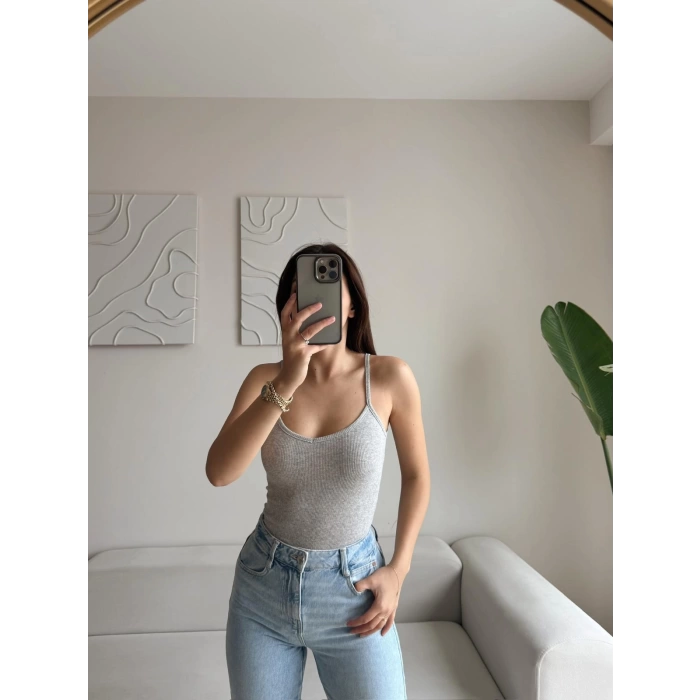 V Yaka Askılı Crop - GRİ