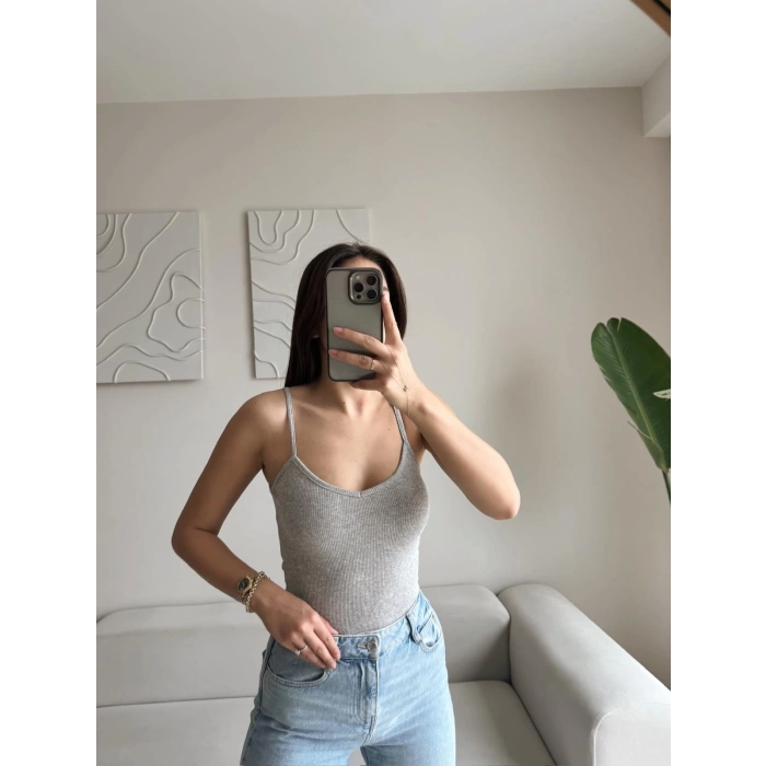 V Yaka Askılı Crop - GRİ