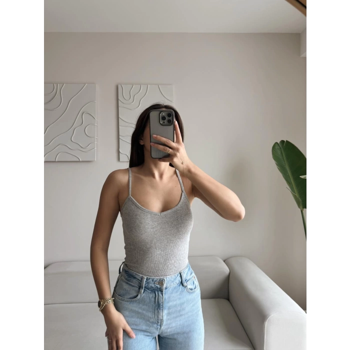 V Yaka Askılı Crop - GRİ