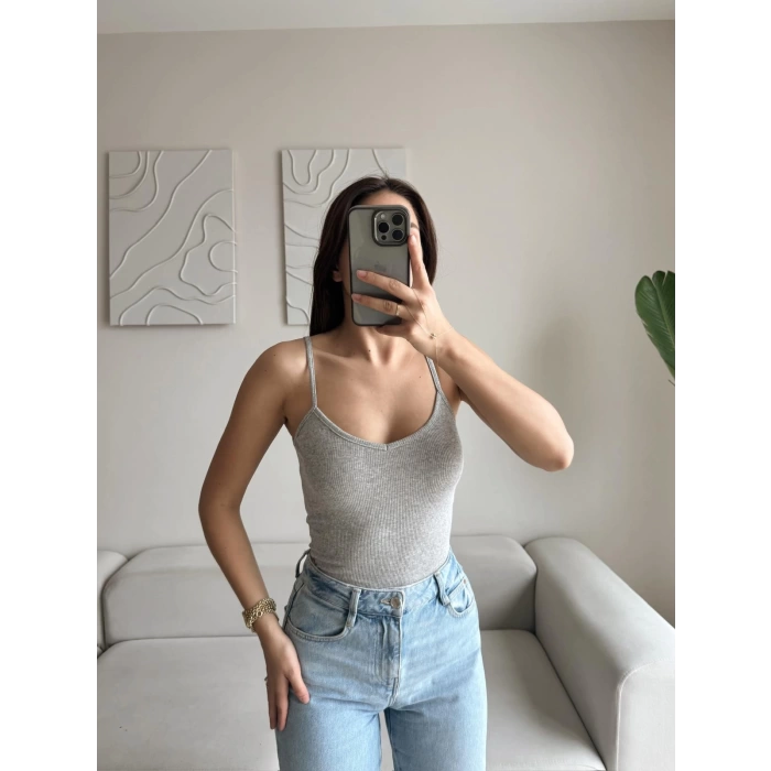 V Yaka Askılı Crop - GRİ