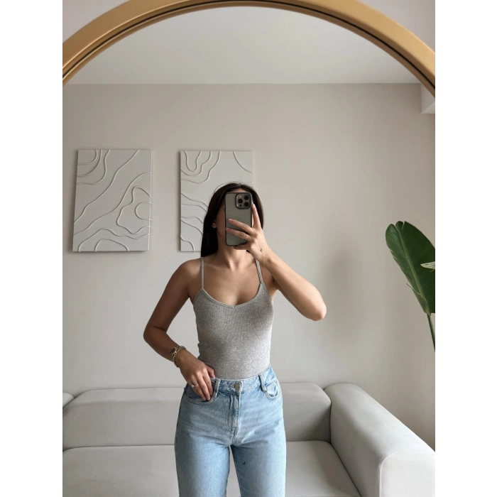 V Yaka Askılı Crop - GRİ