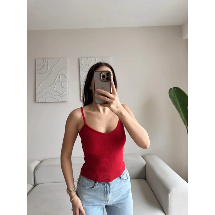 V Yaka Askılı Crop - KIRMIZI