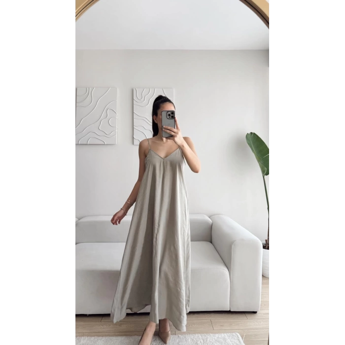 V Yaka Askılı Uzun Keten Elbise - YEŞİL