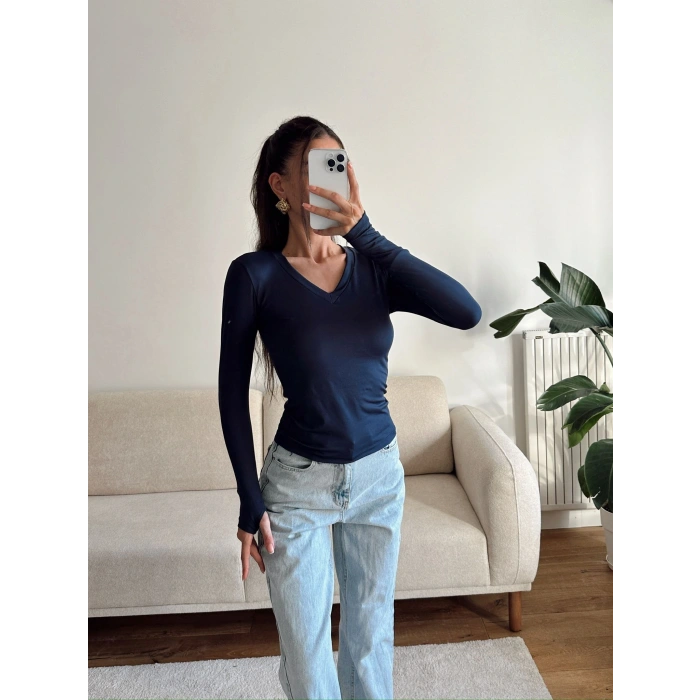 V Yaka Belize Kumaş Crop - LACİVERT