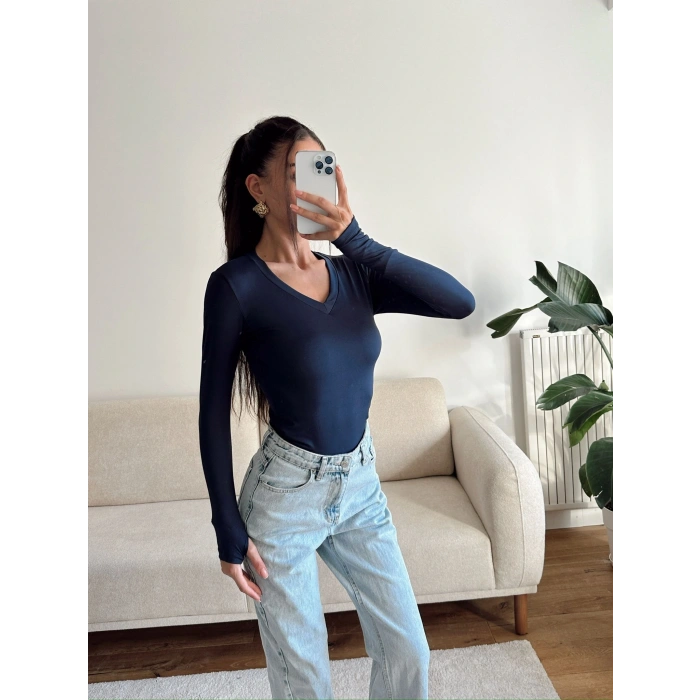 V Yaka Belize Kumaş Crop - LACİVERT