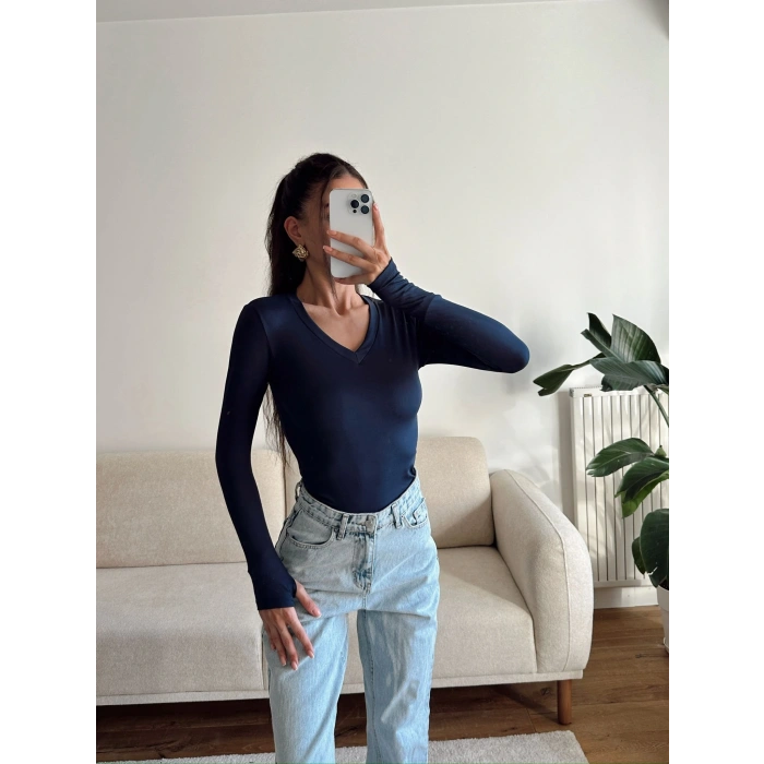 V Yaka Belize Kumaş Crop - LACİVERT