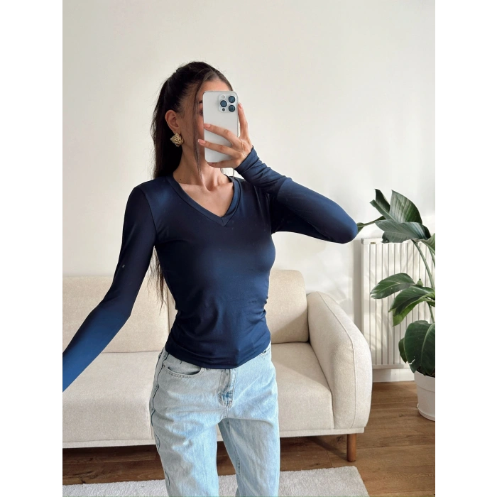 V Yaka Belize Kumaş Crop - LACİVERT