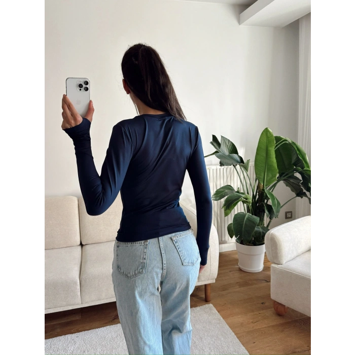 V Yaka Belize Kumaş Crop - LACİVERT