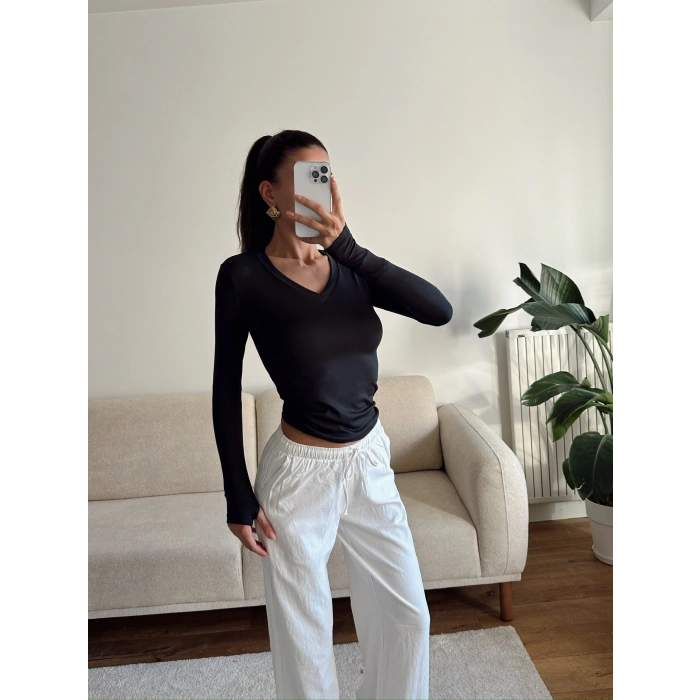 V Yaka Belize Kumaş Crop - SİYAH