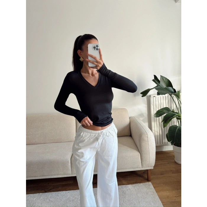 V Yaka Belize Kumaş Crop - SİYAH