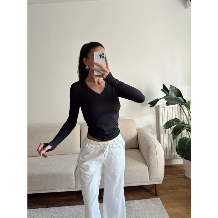 V Yaka Belize Kumaş Crop - SİYAH