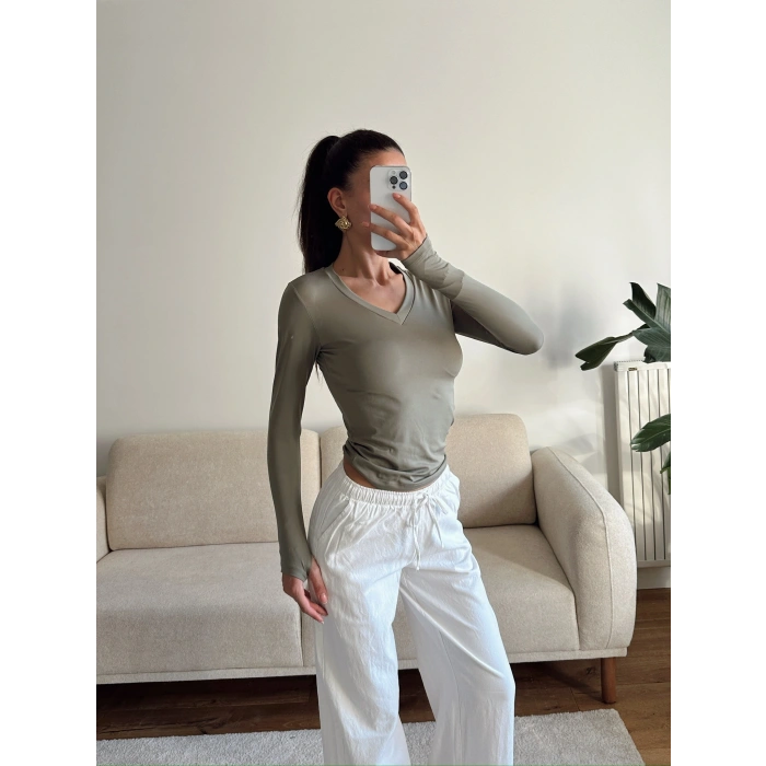 V Yaka Belize Kumaş Crop - YEŞİL