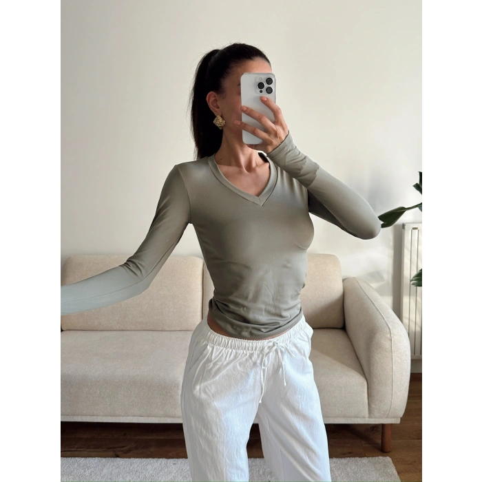 V Yaka Belize Kumaş Crop - YEŞİL