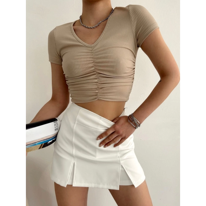 V Yaka Büzgülü Kaşkorse Crop-BEJ