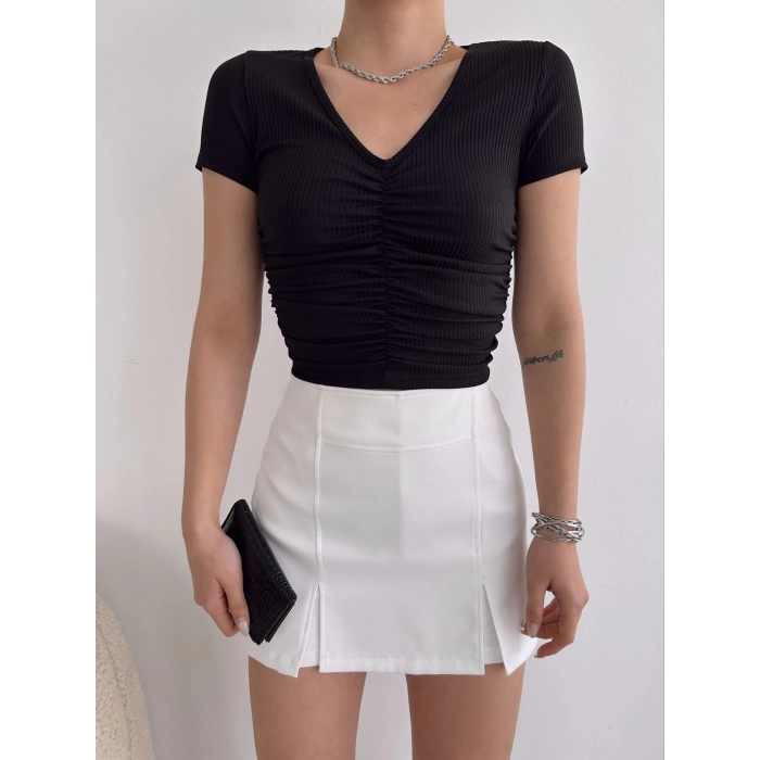 V Yaka Büzgülü Kaşkorse Crop-SİYAH