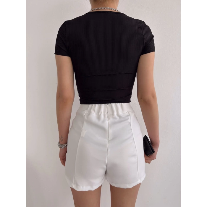 V Yaka Büzgülü Kaşkorse Crop-SİYAH