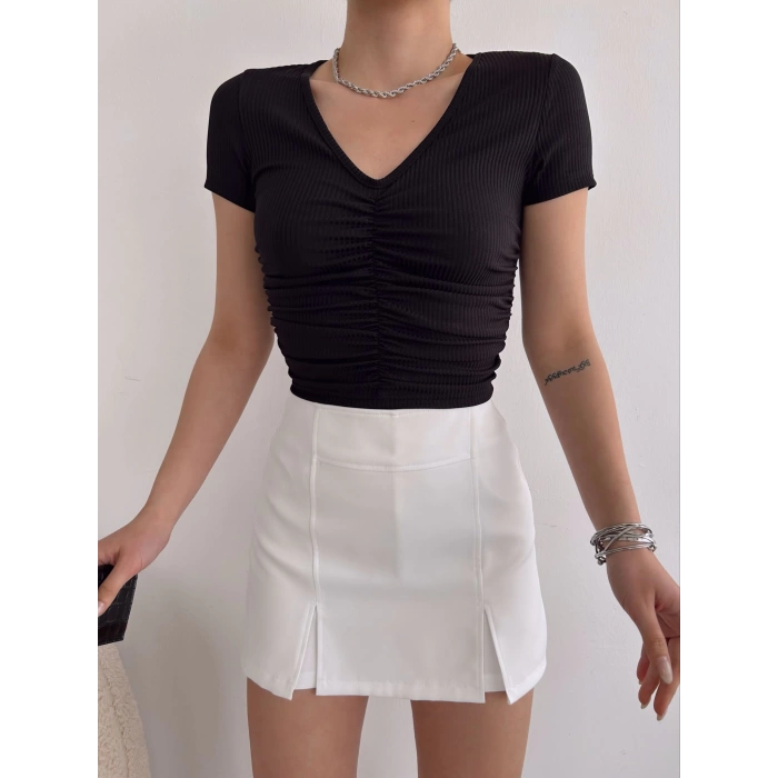 V Yaka Büzgülü Kaşkorse Crop-SİYAH