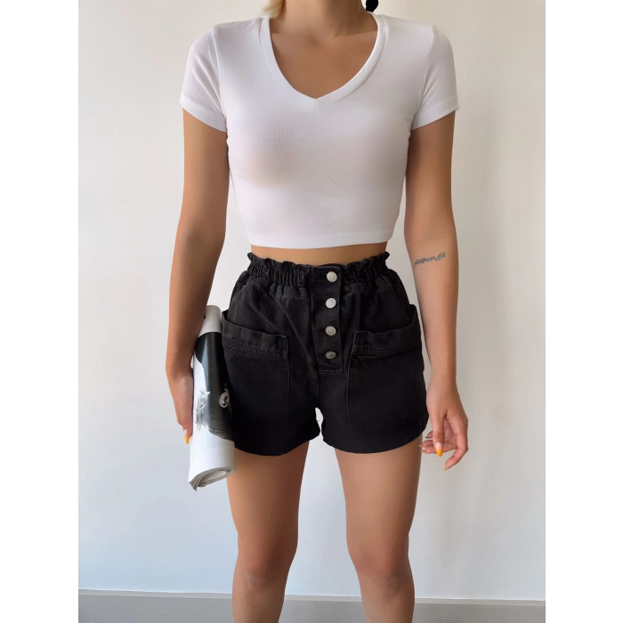 V Yaka Crop T-shirt-BEYAZ