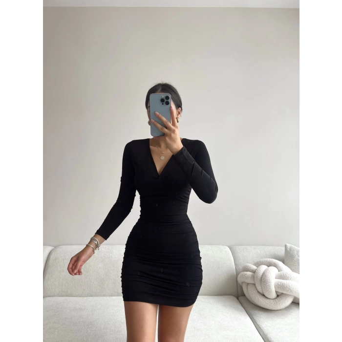 V Yaka Elbise - Siyah