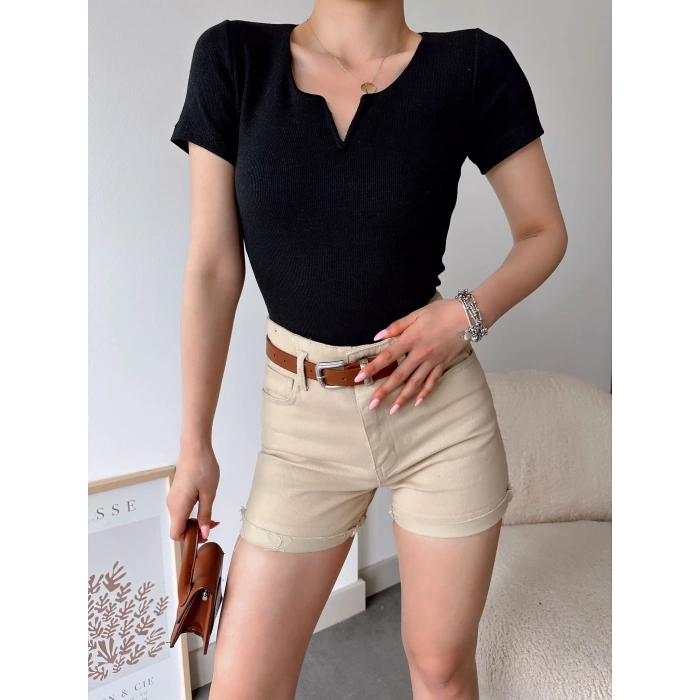 V Yaka Kaşkorse Crop-SİYAH
