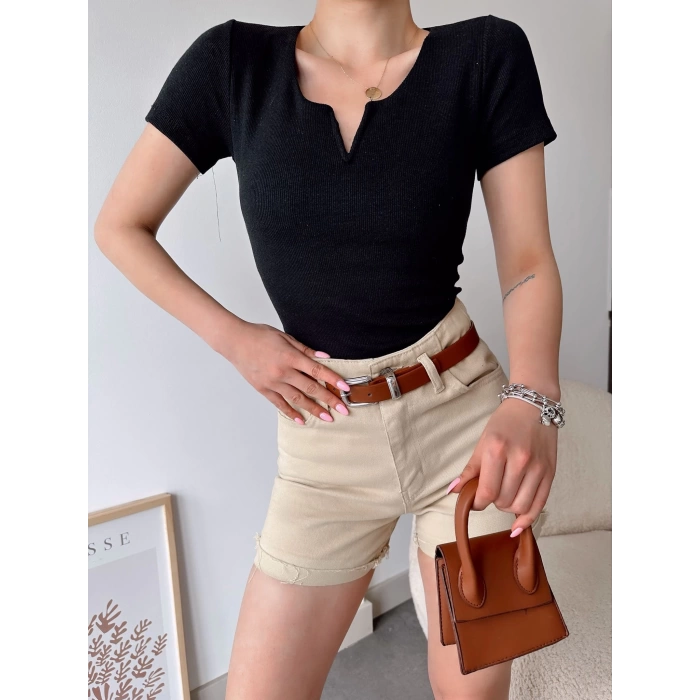 V Yaka Kaşkorse Crop-SİYAH