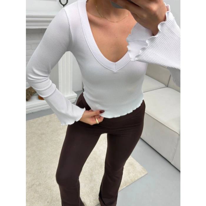 V Yaka Kol İspanyol Crop - BEYAZ