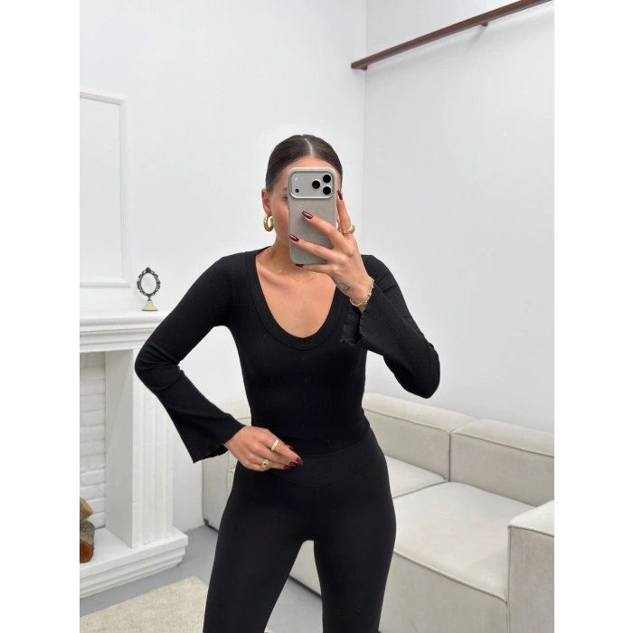 V Yaka Kol İspanyol Crop - SİYAH