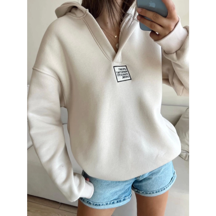 V Yaka Oversize Sweatshirt-BEJ