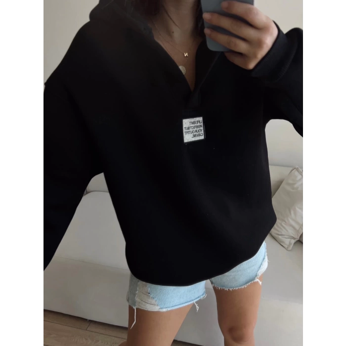 V Yaka Oversize Sweatshirt-SİYAH