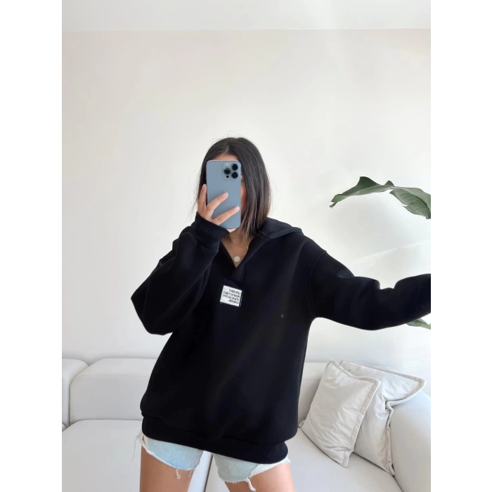V Yaka Oversize Sweatshirt-SİYAH