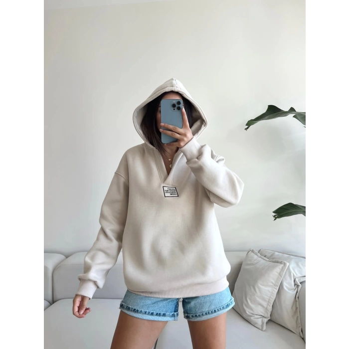 V Yaka Oversize Sweatshirt-BEJ
