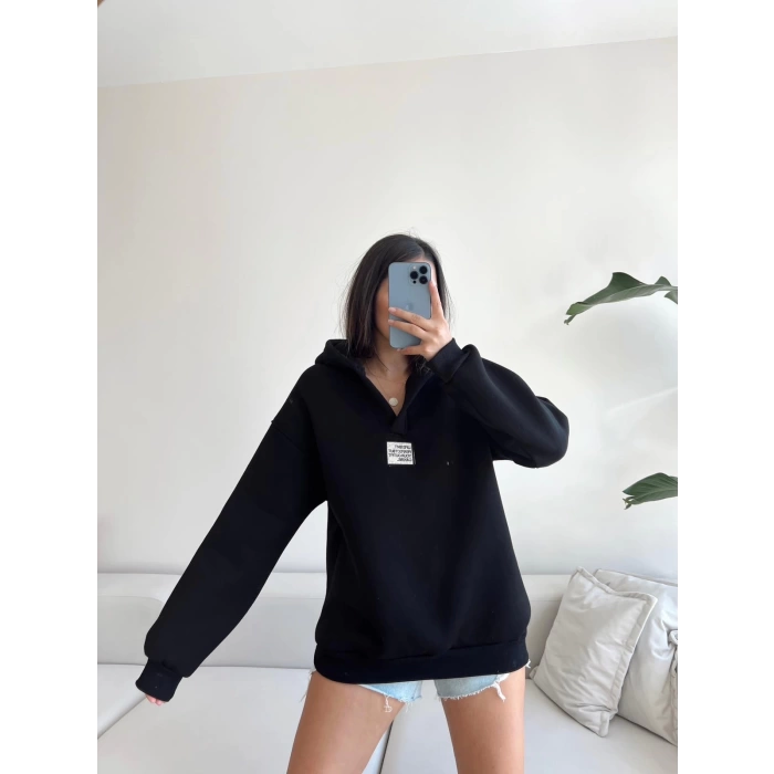 V Yaka Oversize Sweatshirt-SİYAH