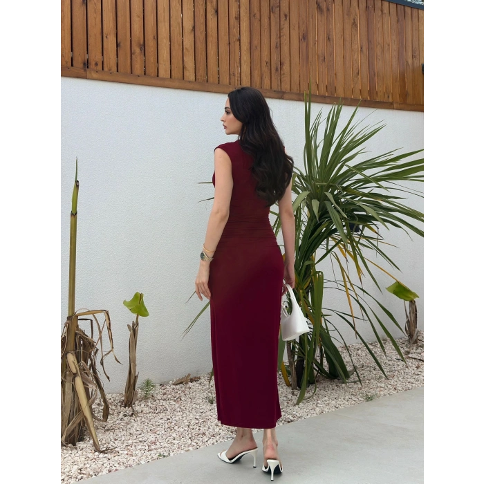 V Yaka Pencere Detay Elbise - BORDO