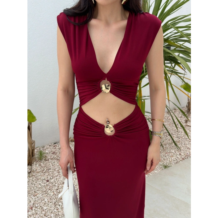 V Yaka Pencere Detay Elbise - BORDO