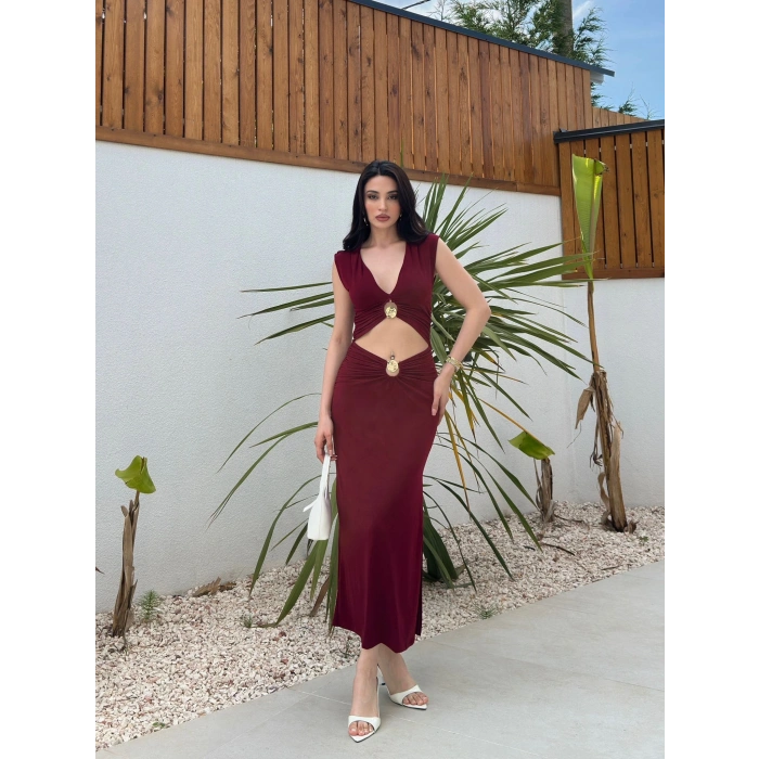 V Yaka Pencere Detay Elbise - BORDO