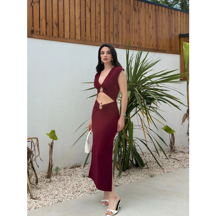V Yaka Pencere Detay Elbise - BORDO