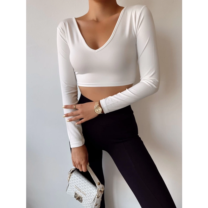 V Yaka Sandy Crop Bluz-BEYAZ