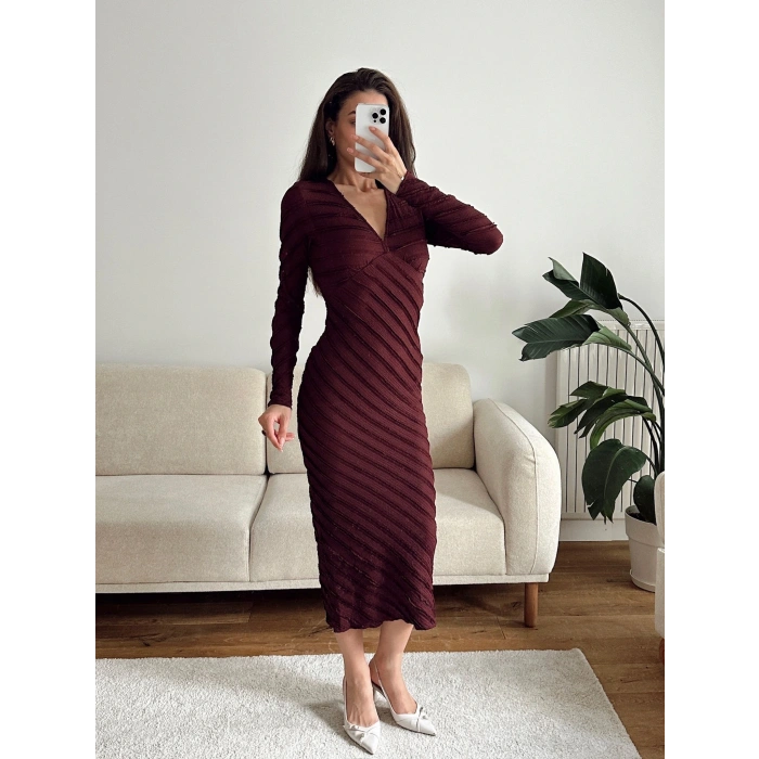 V Yaka Ters Dikiş Elbise - BORDO